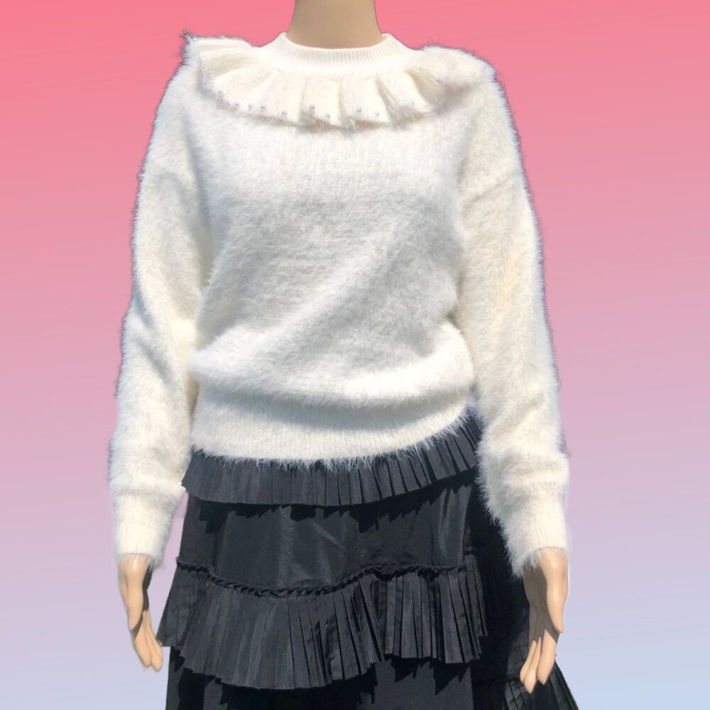 KIDICHIC Ruffle Neck Long Sleeve Ivory Soft Fuzzy Sweater Girl Sz 16